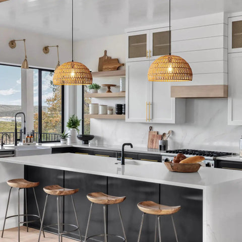Boho Rattan Pendant Lamp With Hand Woven Wicker Rope Shade Dome Ceiling Basket Chandelier LED Industrial Hanging Light For A Cozy Farmhouse Kitchen Living Room Or Bar E26 Base 16x9.25 Inch lighting a modern kitchen.