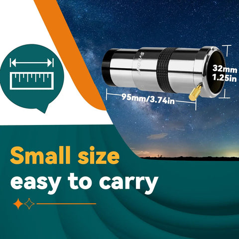 3X Barlow Lens For 1.25 Inch Telescopes With Metal Body Fully Multicoated Eyepiece dimensions showing small size for portability
