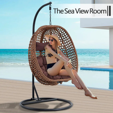 Egg Chair With Stand For Indoor And Outdoor Relaxation by poolside, woman sitting in premium hanging swing chair with thick cushion.