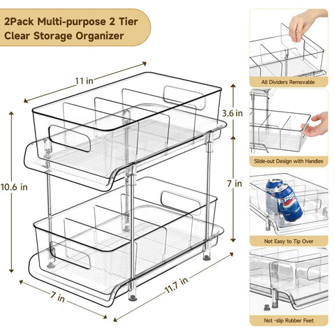 Clear Two Tier Under Sink Sliding Organizer With Adjustable Dividers Heavy Duty Waterproof Cabinet Rack. Dimensions 11x10.6x7 in.