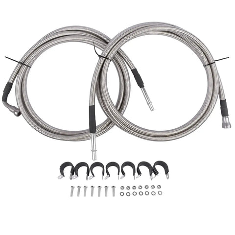 No Sweat Fuel Line Quick Fix Kit For Chevy Silverado And GMC Sierra 1500 Classic 2004 To 2007 V8 Gas Crew Cab Short Long Bed with two stainless steel hoses.
