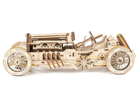 3D Wooden Puzzle Car Kit Inspired By Classic Grand Prix Racer With A Fully Functional V8 Engine, Ultra Detailed U9 Style Mechanical Model You Build And Enjoy, A Hands On Racing Car Project For Adults And Teens, side view