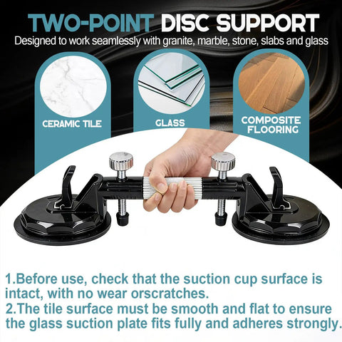 Hand holding Two Pack Laminate Floor Gap Repair Tool and Pro Countertop Alignment Clamp Set with granite seam setter and suction cups.