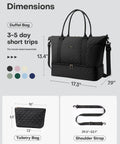 Spacious Travel Duffel Bag For Women With Shoe Compartment And Carry On Weekender Tote dimensions shown with accessories.