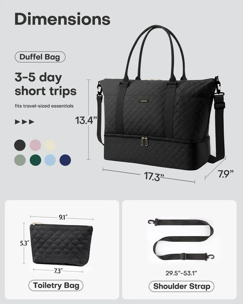 Spacious Travel Duffel Bag For Women With Shoe Compartment And Carry On Weekender Tote dimensions shown with accessories.