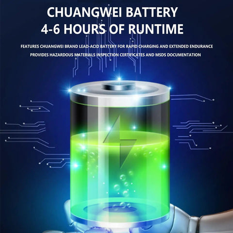 Chuangwei lead-acid battery graphic showcasing 4-6 hours runtime for Heavy Hitter Foldable Electric Forklift With Hydraulic Material Handler.