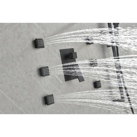 Wall Mounted Shower System with 6 Body Sprays and Hand Shower with water streams, matte black finish, wall installation.