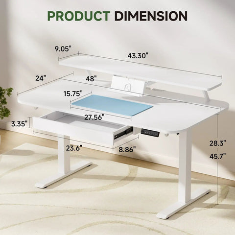 Electric Standing Desk With Drawers 48 By 24 Inches Height Adjustable Sit Stand Desk With Monitor And Laptop Stands Memory Presets Quiet Motor For Home Office White Built For Remote Work And Gaming dimensions diagram