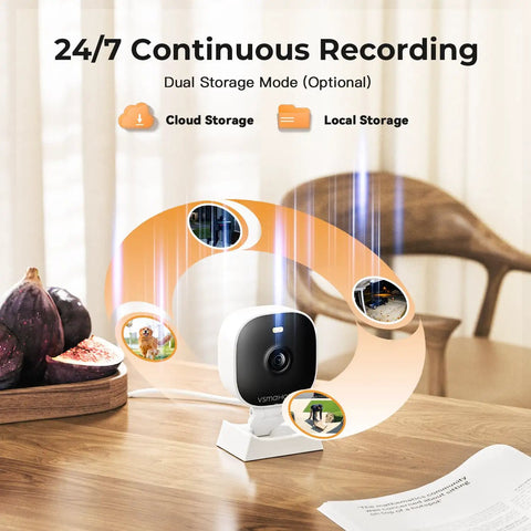 2K Home Security Cameras For Indoor And Outdoor Monitoring With Phone App, Wired Plug And Play, Color Night Vision, shown on desk