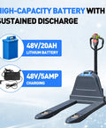 Heavy Duty Electric Pallet Jack With A Massive 4,400 Lbs Load Capacity featuring a 48V lithium battery and charger for sustained operation.