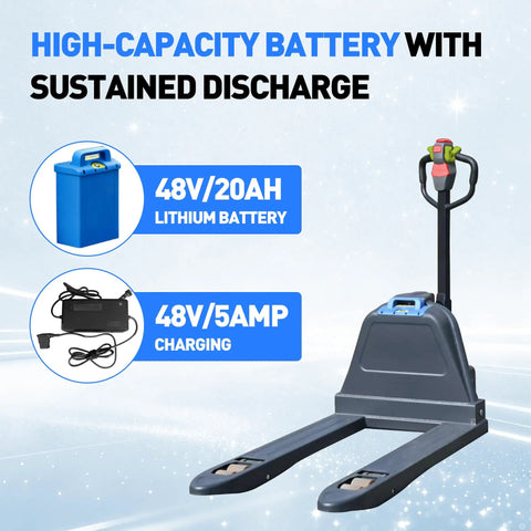 Heavy Duty Electric Pallet Jack With A Massive 4,400 Lbs Load Capacity featuring a 48V lithium battery and charger for sustained operation.