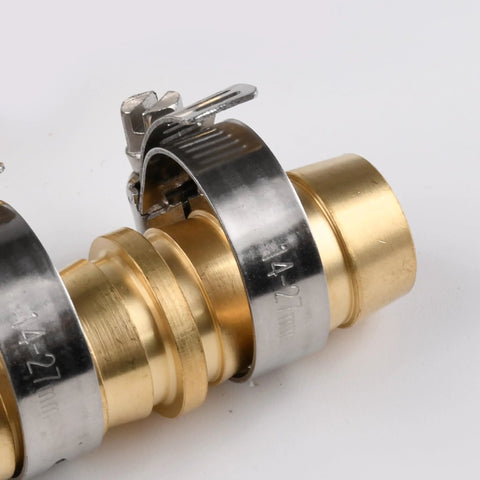Brass hose joiner repair kit with stainless steel clamp and barbed coupler for garden hose repair