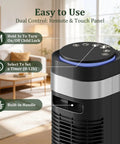 Easy to use remote and touch panel controls on a bladeless tower fan, ideal for swift oscillation and cooling in black.