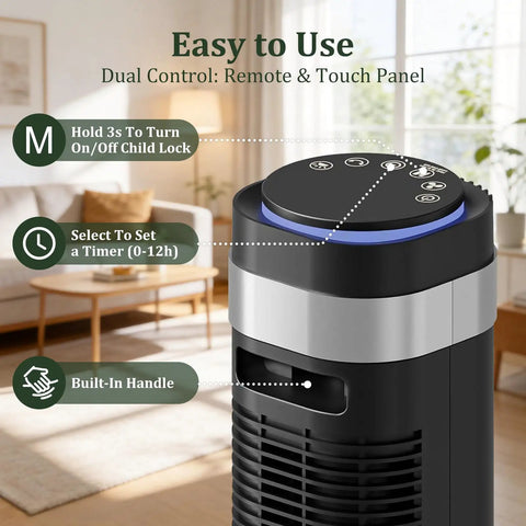 Easy to use remote and touch panel controls on a bladeless tower fan, ideal for swift oscillation and cooling in black.