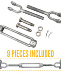 Heavy Duty Galvanized Turnbuckle Two Inch By Twenty Four Inch Jaw And Jaw Configuration Thirty Seven Thousand Pound Pulling Power parts set featuring bolts, nuts, and pins.