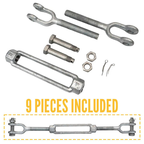 Heavy Duty Galvanized Turnbuckle Two Inch By Twenty Four Inch Jaw And Jaw Configuration Thirty Seven Thousand Pound Pulling Power parts set featuring bolts, nuts, and pins.