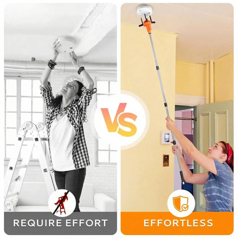 Zero Sweat Electric Smoke Detector Swap Tool Featuring Radio Controlled Expandable Silicone Grips And Adjustable Telescoping Handle for effortless ceiling installation.