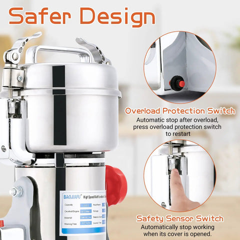 Electric Grain Mill Grinder 1800W High Speed Dry Grinding 800G Capacity 36000 RPM 304 Stainless Steel Body Safer Design Features