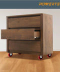 Chest of drawers on 3 inch fixed plate caster wheels for easy mobility.