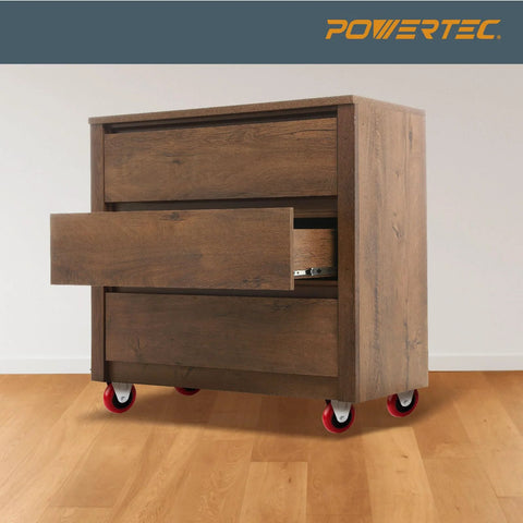 Chest of drawers on 3 inch fixed plate caster wheels for easy mobility.