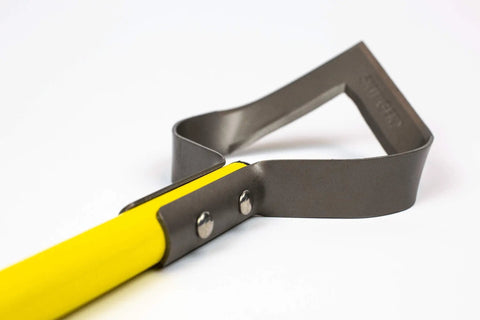 Close-up of V Blade Weeder Scuffle Hoe With A 54 Inch Fiberglass Handle And Grips, showing open design for precise weed cutting.