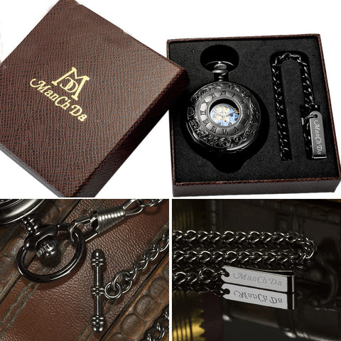 Mechanical Skeleton Pocket Watch With Roman Numerals Dial, Double Cover, Half Hunter, Box And Chain, Old School Vibe For Men And Women In Black Blue Gift Ready