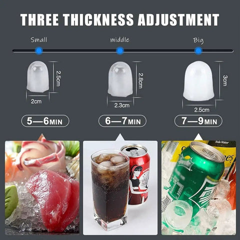 Heavy Duty Countertop Ice Maker With Two In One Cold Water Dispenser and Quick Chill Tech showing three ice sizes and thickness options.