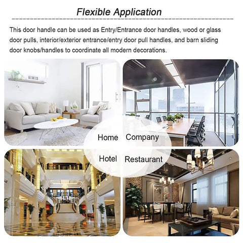 Collage showcasing sliding barn door handle applications in home, company, hotel, and restaurant settings.