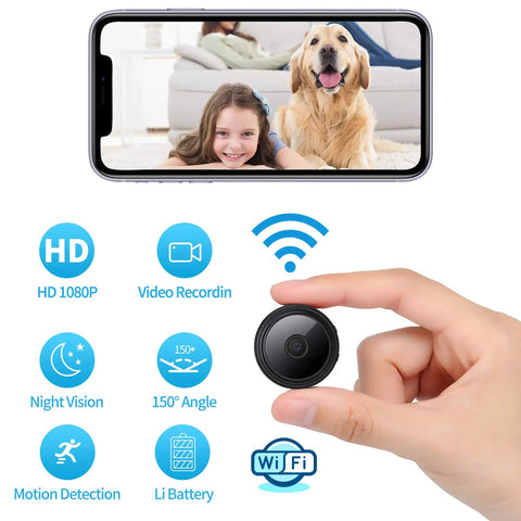 Ultra Compact WiFi Spy Camera With Remote Monitoring Night Vision, showing child and dog on smartphone display, hand holding camera.