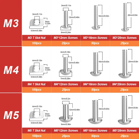 600 Piece M3 M4 M5 Sliding T Nuts And Hex Button Head Screws Kit chart with T slot nut and screws details for profile groove rails
