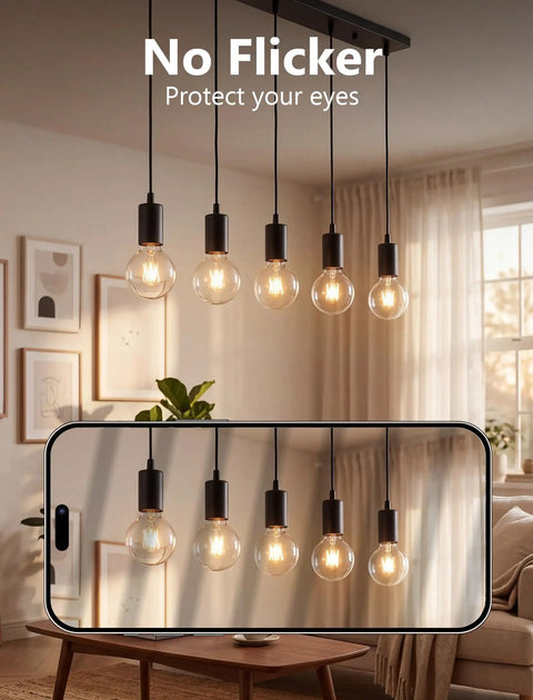 Set of hanging G40 Replacement Bulbs 120V 5W Incandescent Globe Bulbs showing warm lighting in a cozy living space.