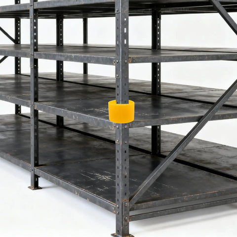 Built Different Yellow Column Protector Wrap For Warehouse Vertical Beam Support And Anti Collision Post Cover With Forklift Impact Shield For Grocery Store Safety Boss Level on a metal shelf.