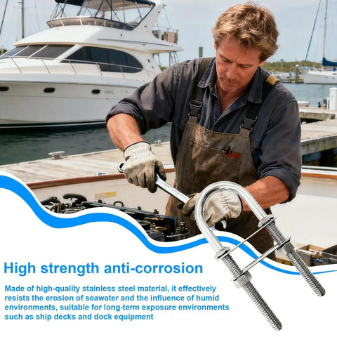 Beefy Heavy Duty Stainless U Bolts For Marine And Industrial Use, Yacht Hardware With 8 10 12 Size Options For Rope, Mounting, Thru Hull Fittings, And Machinery Fastening. Stainless U-bolt on dock