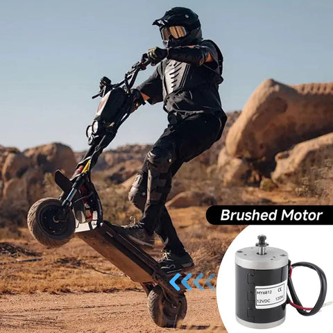 Rider on electric scooter powered by MY6812 12V 120W High Speed Brushed Motor. Motor detail inset with 9-tooth gear visible.