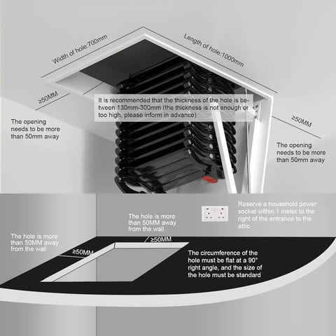 Rock Solid Remote Control Attic Ladder Pull Down Loft Staircase With Titanium Alloy Frame showing installation dimensions and clearance requirements.