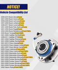 Vehicle compatibility list for Front Wheel Hub & Bearing Assembly Pair 2pcs, 5-Lug w/ ABS, shown with image of the hub unit.
