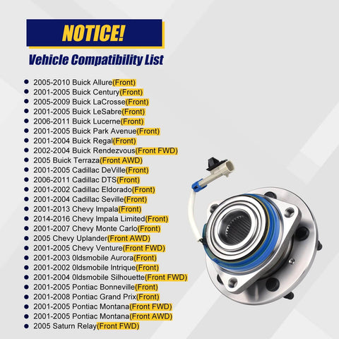 Vehicle compatibility list for Front Wheel Hub & Bearing Assembly Pair 2pcs, 5-Lug w/ ABS, shown with image of the hub unit.