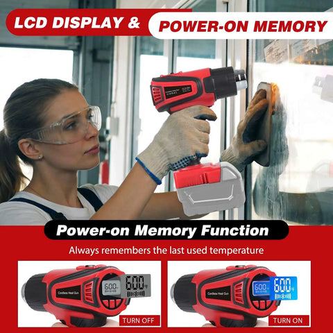 Woman using Cordless Heat Gun With LCD Temperature Display And LED Light on window, showing power-on memory function