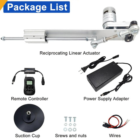 Slick 24 Volt DC Reciprocating Linear Actuator With Remote Speed Controller And Hella Adjustable Stroke Range package contents including remote, power supply and suction cup.