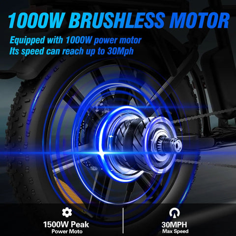 Two Seater Fat Tire Electric Bike With 1000W Peak Motor Up To 60 Mile Range Large Removable Battery 20 Inch All Terrain E Bike For City Commutes And Weekend Rides rear wheel motor close-up