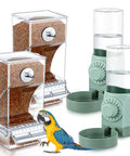 No Sweat Bird Feeder And Water Dispenser Set For Parrot Cages features two acrylic seed pots and drinkers with a parrot.
