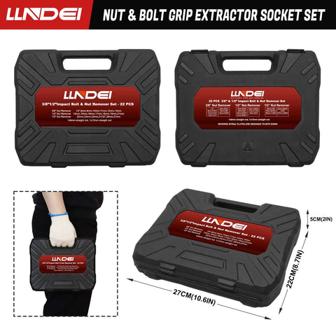 Heavy Duty Lug Nut Remover And Bolt Extractor Set One Half Inch And Three Eighth Inch Drive Tough blow-molded case