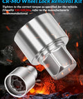 Volkswagen Wheel Lock Key And Lug Nut Key Tool For VW Cars close-up of chrome steel with torque specifications in flames.