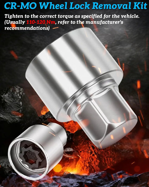 Volkswagen Wheel Lock Key And Lug Nut Key Tool For VW Cars close-up of chrome steel with torque specifications in flames.