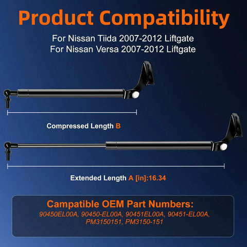 Heavy Duty Rear Hatch Liftgate Strut Shock For 2007 2012 Nissan Versa Tiida showing compressed and extended length details.