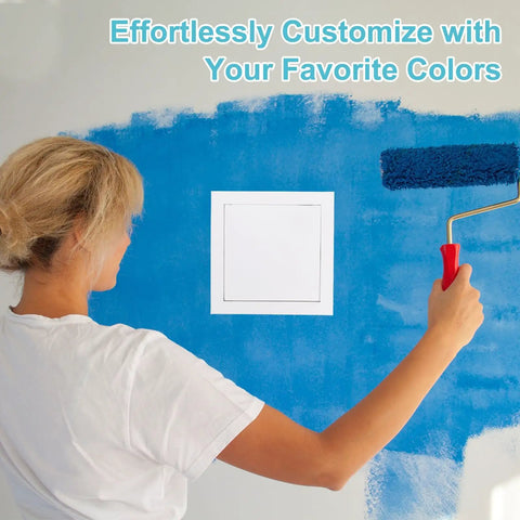 Person painting a wall blue around a 13X13 Inch Drywall Access Panel With Sturdy Aluminum Frame And Reliable Cam Latch Lock.