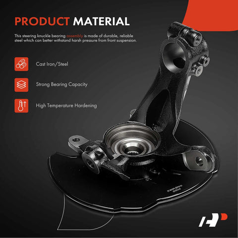 Front Right Steering Knuckle With Wheel Bearing Hub Assembly For Honda Civic 2016 To 2021 Passenger Side Includes Hub Bearing And Dust Shield Easy Install Direct Fit Replacement close-up showing cast iron material and assembly.