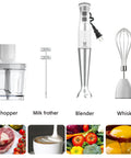 5 In 1 Immersion Hand Blender With 8 Speeds And 300W Power Includes 500ml Food Grinder, 600ml Beaker, Milk Frother, Egg Whisk, White