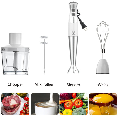 5 In 1 Immersion Hand Blender With 8 Speeds And 300W Power Includes 500ml Food Grinder, 600ml Beaker, Milk Frother, Egg Whisk, White