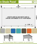Dimensions of a sun shade panel with color options, featuring customization instructions, in a 15 by 17 feet size.